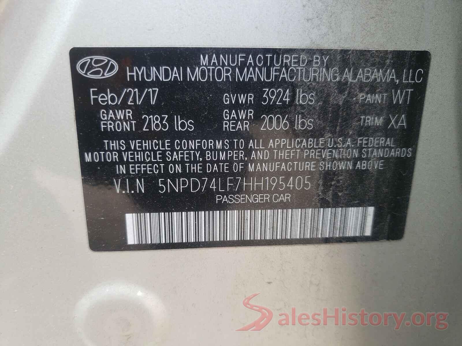 5NPD74LF7HH195405 2017 HYUNDAI ELANTRA