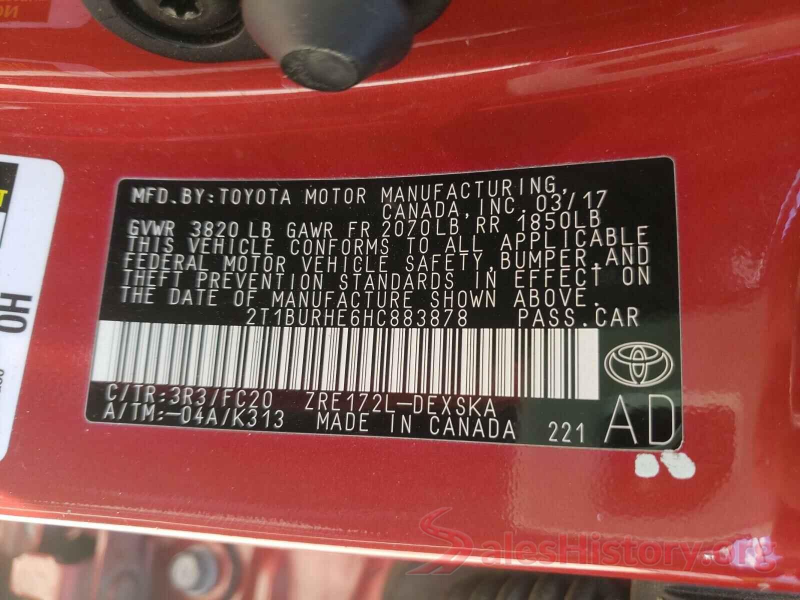 2T1BURHE6HC883878 2017 TOYOTA COROLLA