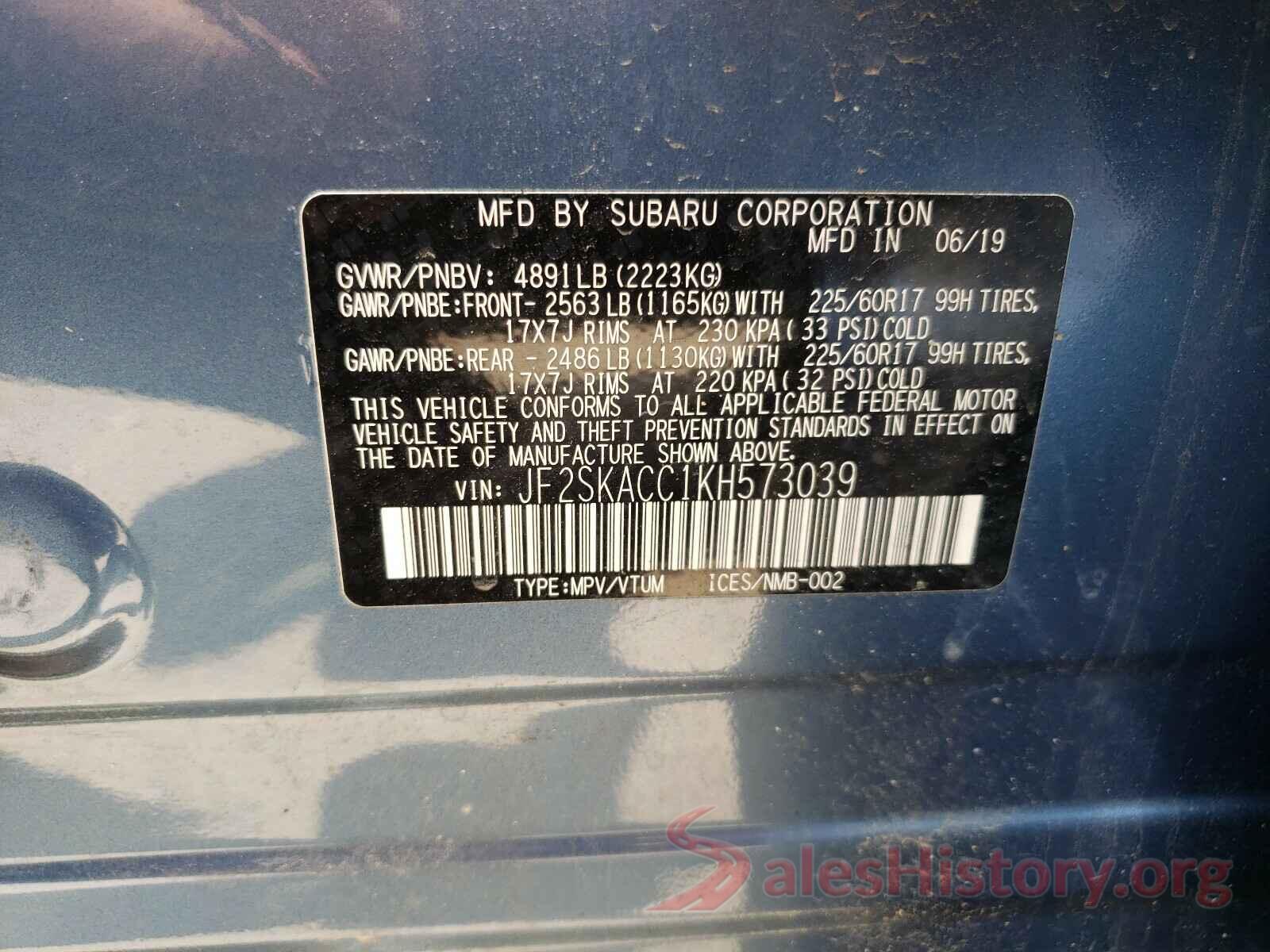 JF2SKACC1KH573039 2019 SUBARU FORESTER