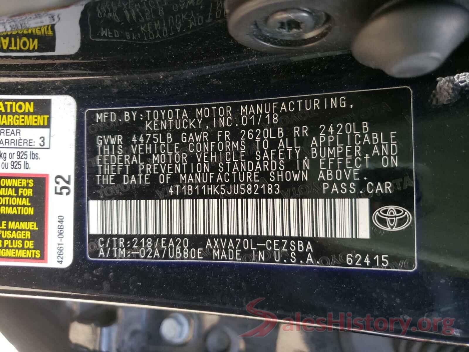 4T1B11HK5JU582183 2018 TOYOTA CAMRY