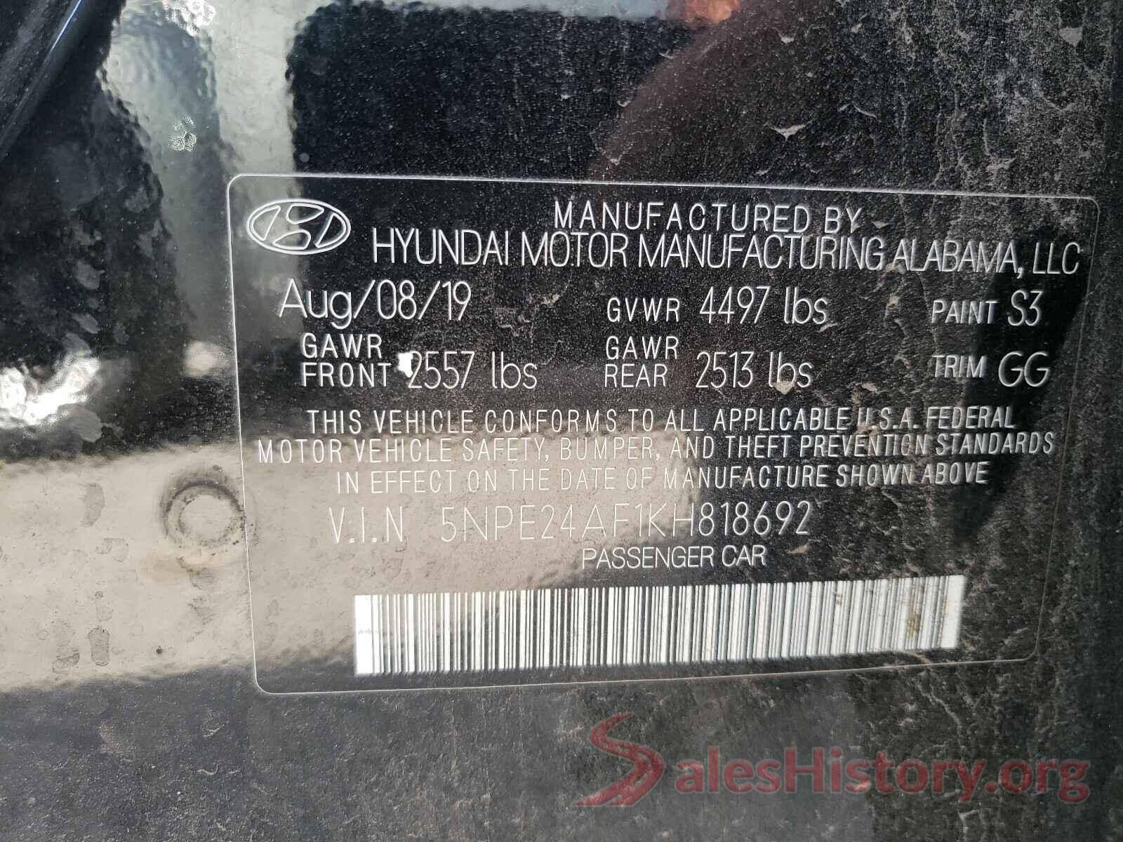 5NPE24AF1KH818692 2019 HYUNDAI SONATA