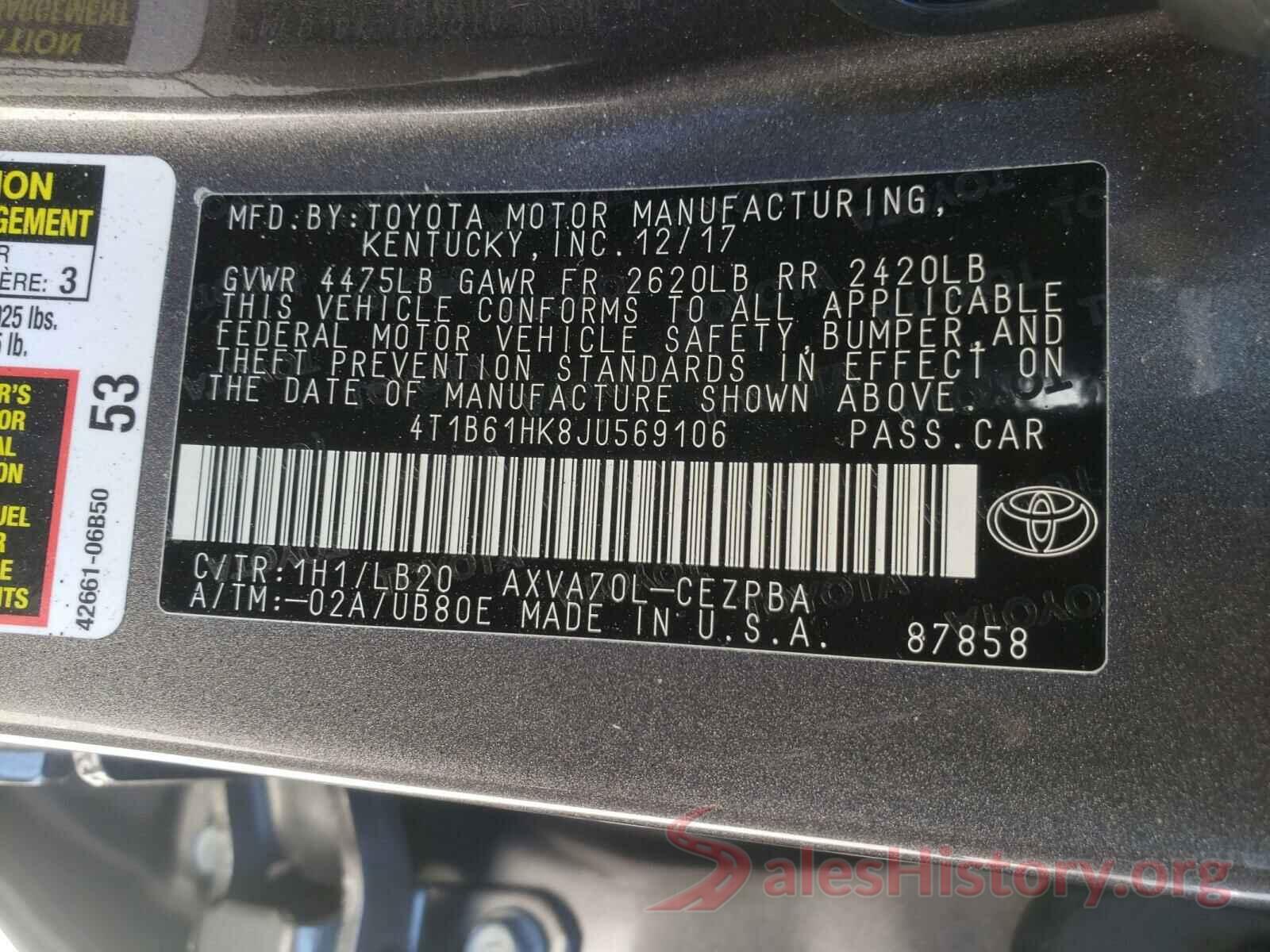 4T1B61HK8JU569106 2018 TOYOTA CAMRY