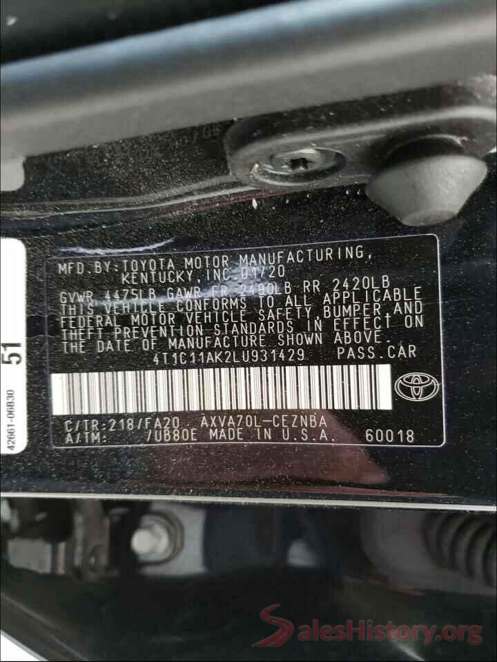 4T1C11AK2LU931429 2020 TOYOTA CAMRY