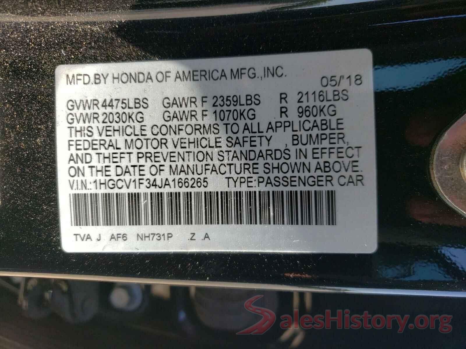 1HGCV1F34JA166265 2018 HONDA ACCORD