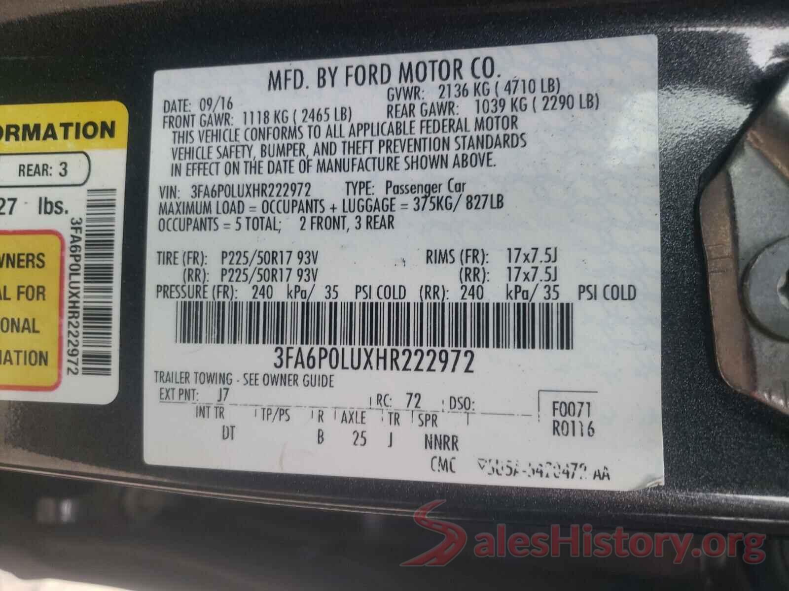 3FA6P0LUXHR222972 2017 FORD FUSION