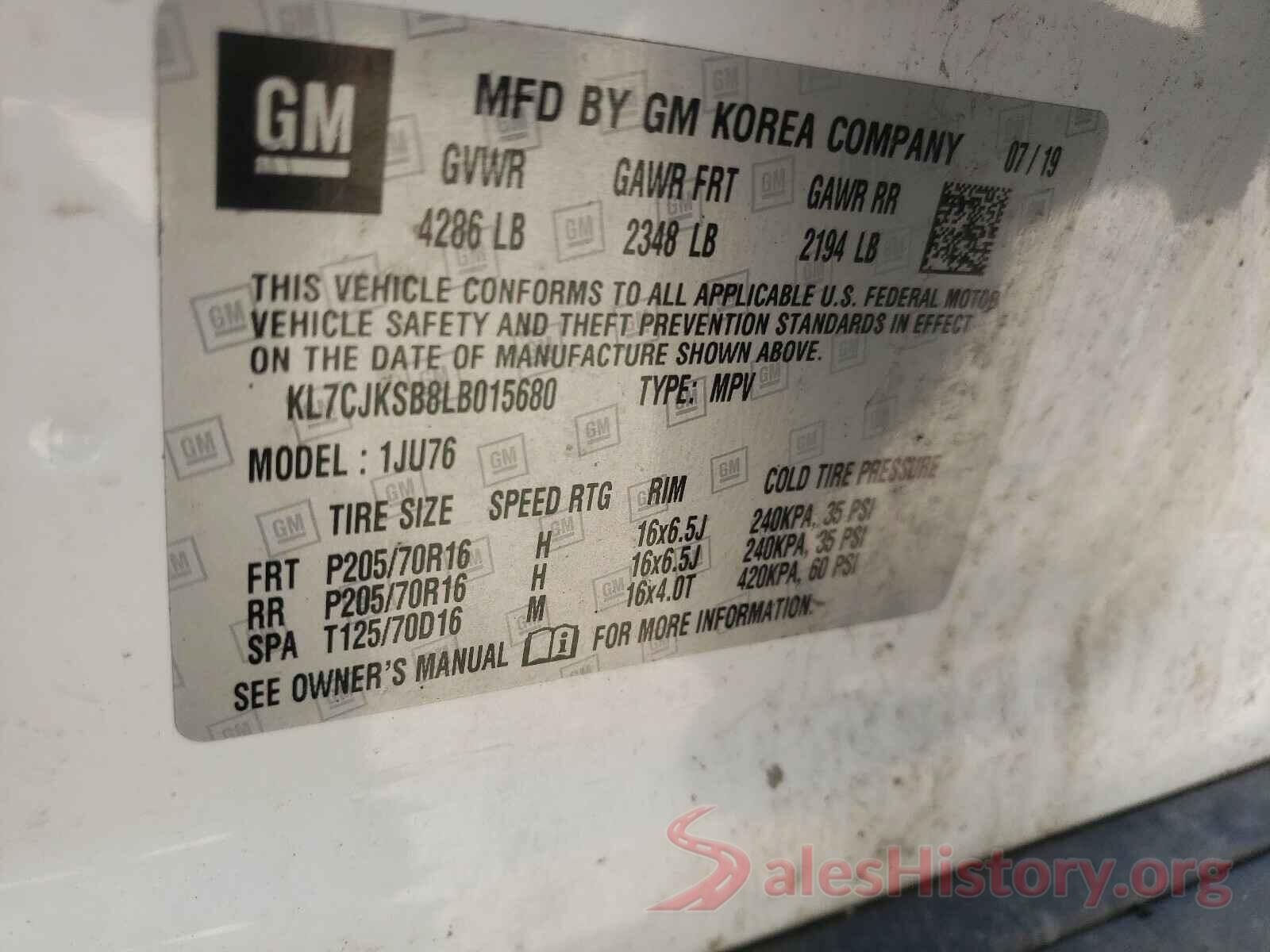 KL7CJKSB8LB015680 2020 CHEVROLET TRAX