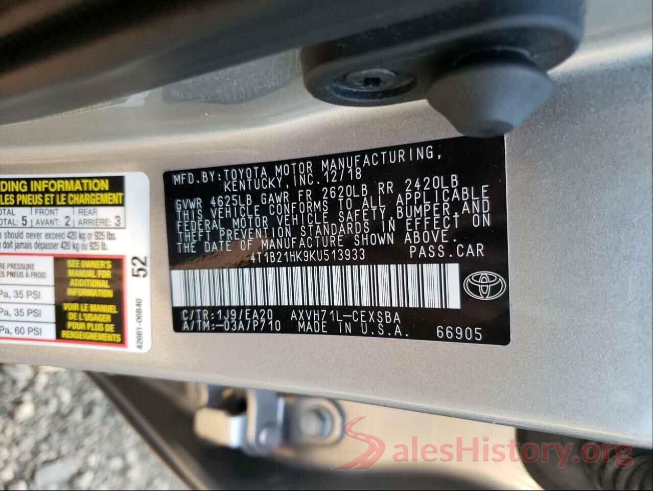 4T1B21HK9KU513933 2019 TOYOTA CAMRY