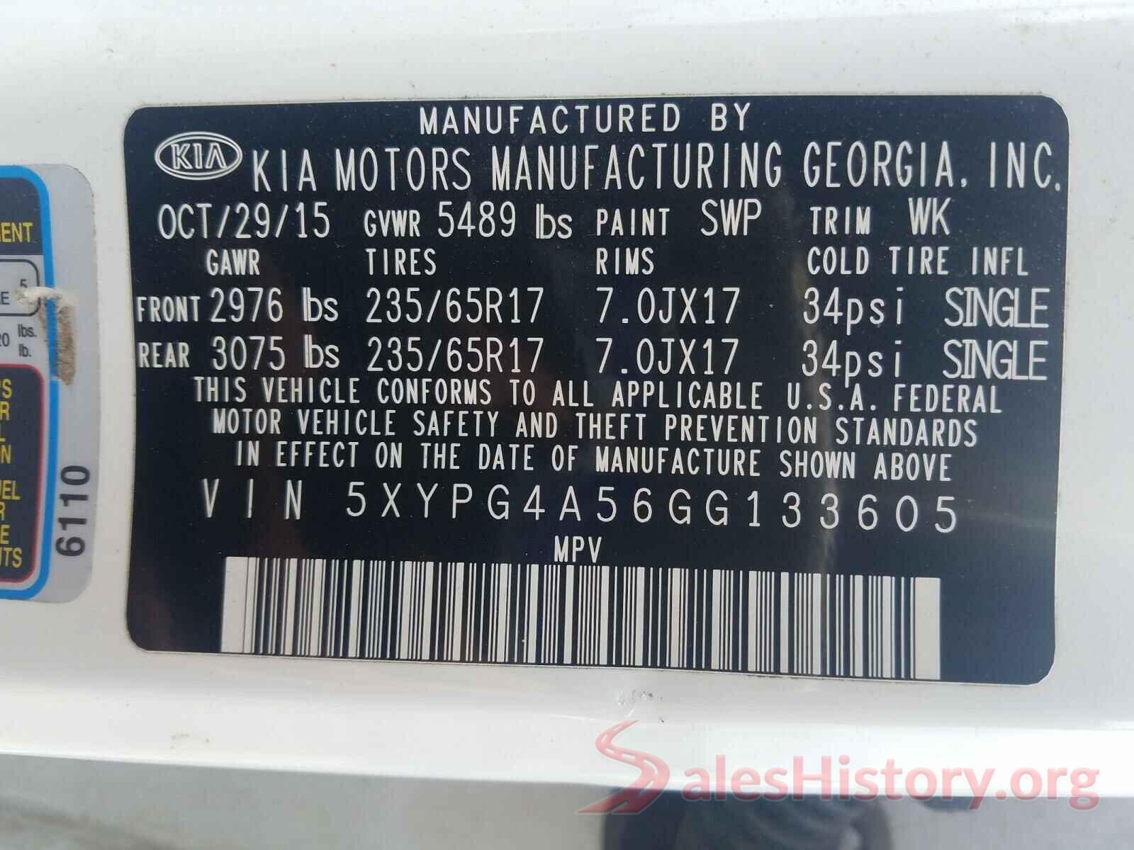 5XYPG4A56GG133605 2016 KIA SORENTO