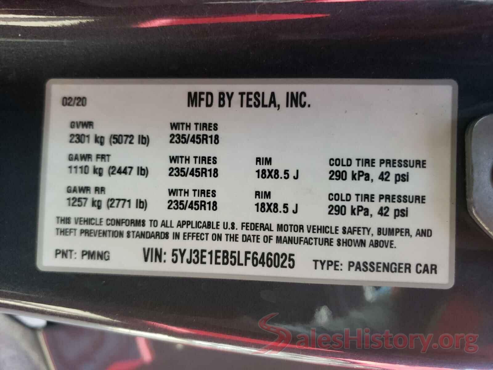 5YJ3E1EB5LF646025 2020 TESLA MODEL 3