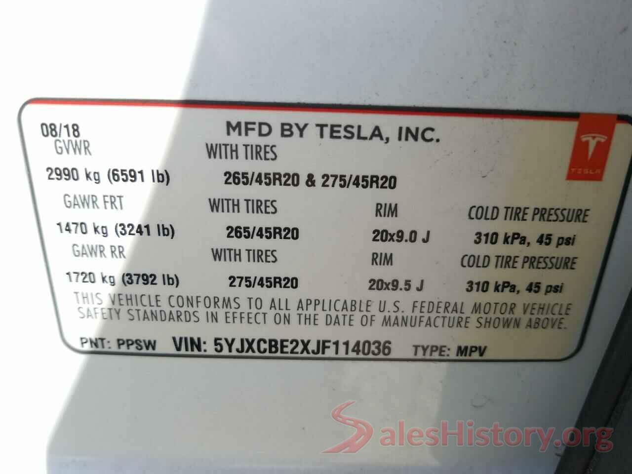 5YJXCBE2XJF114036 2018 TESLA MODEL X