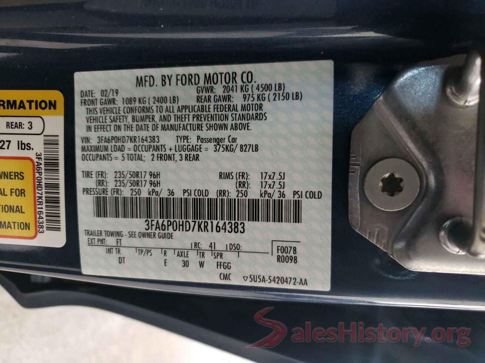 3FA6P0HD7KR164383 2019 FORD FUSION