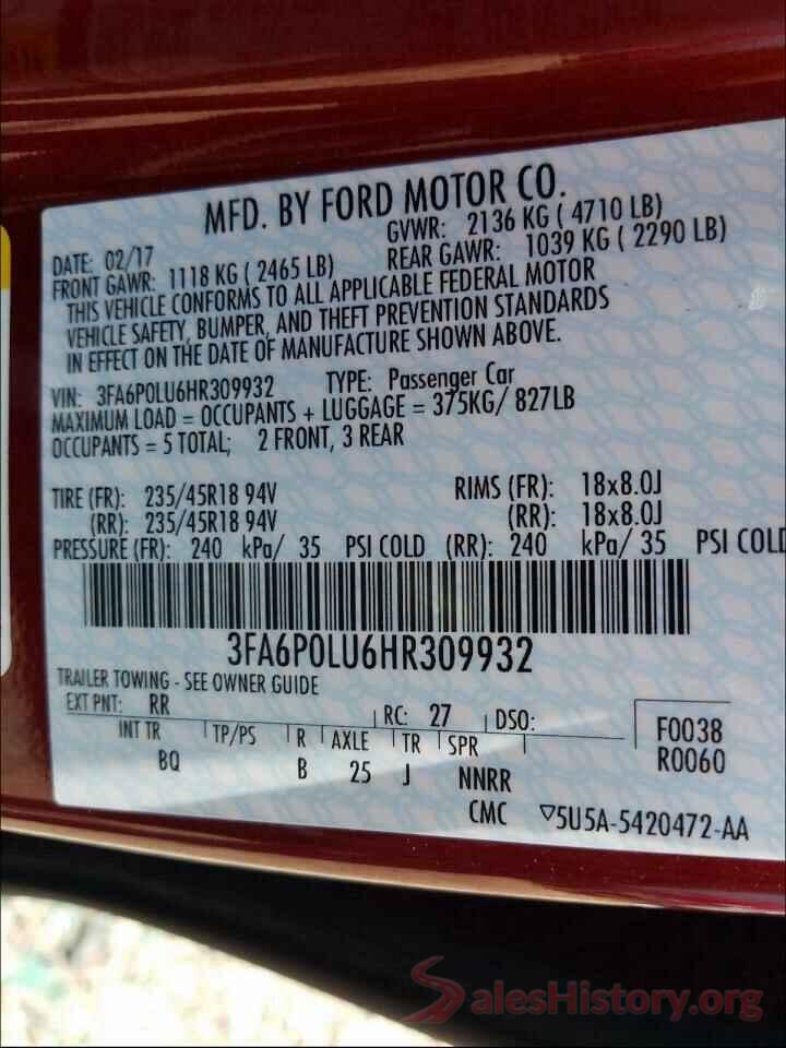 3FA6P0LU6HR309932 2017 FORD FUSION