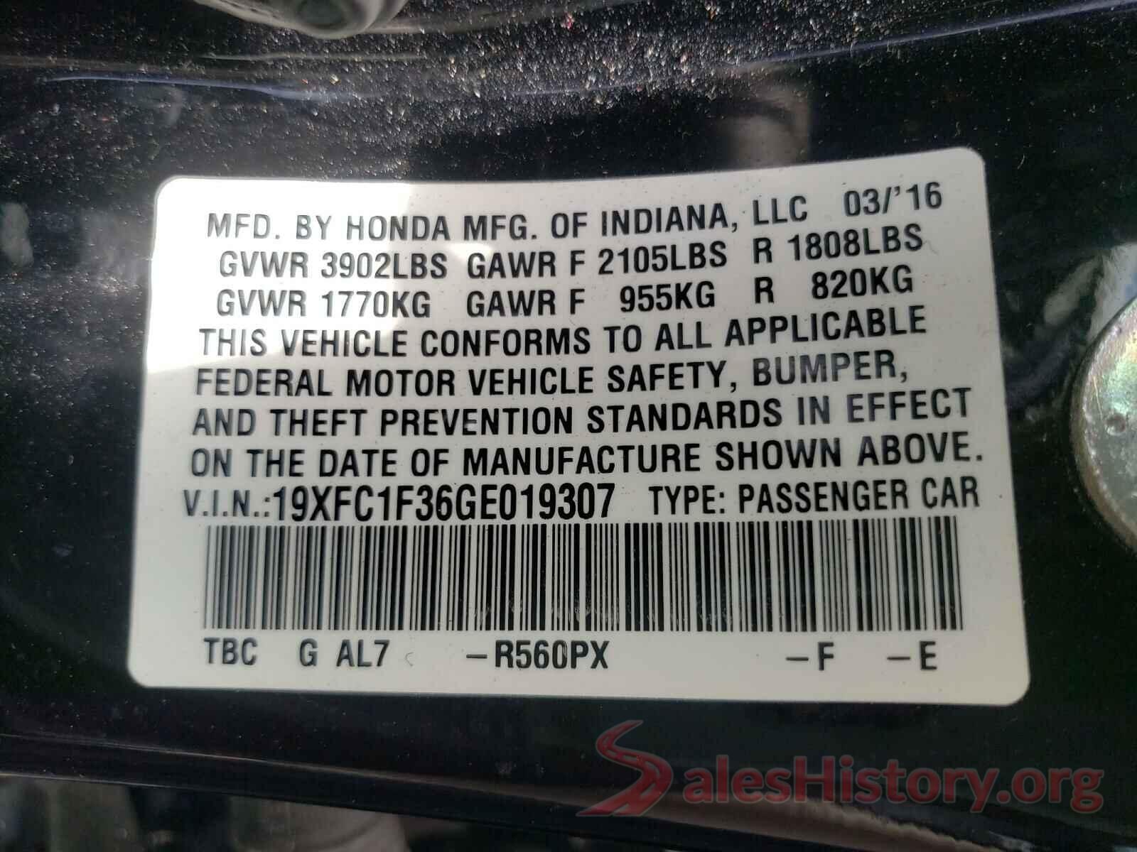 19XFC1F36GE019307 2016 HONDA CIVIC