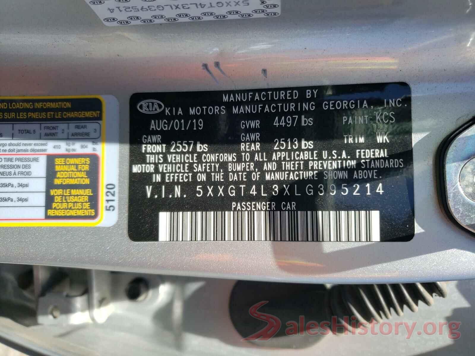 5XXGT4L3XLG395214 2020 KIA OPTIMA