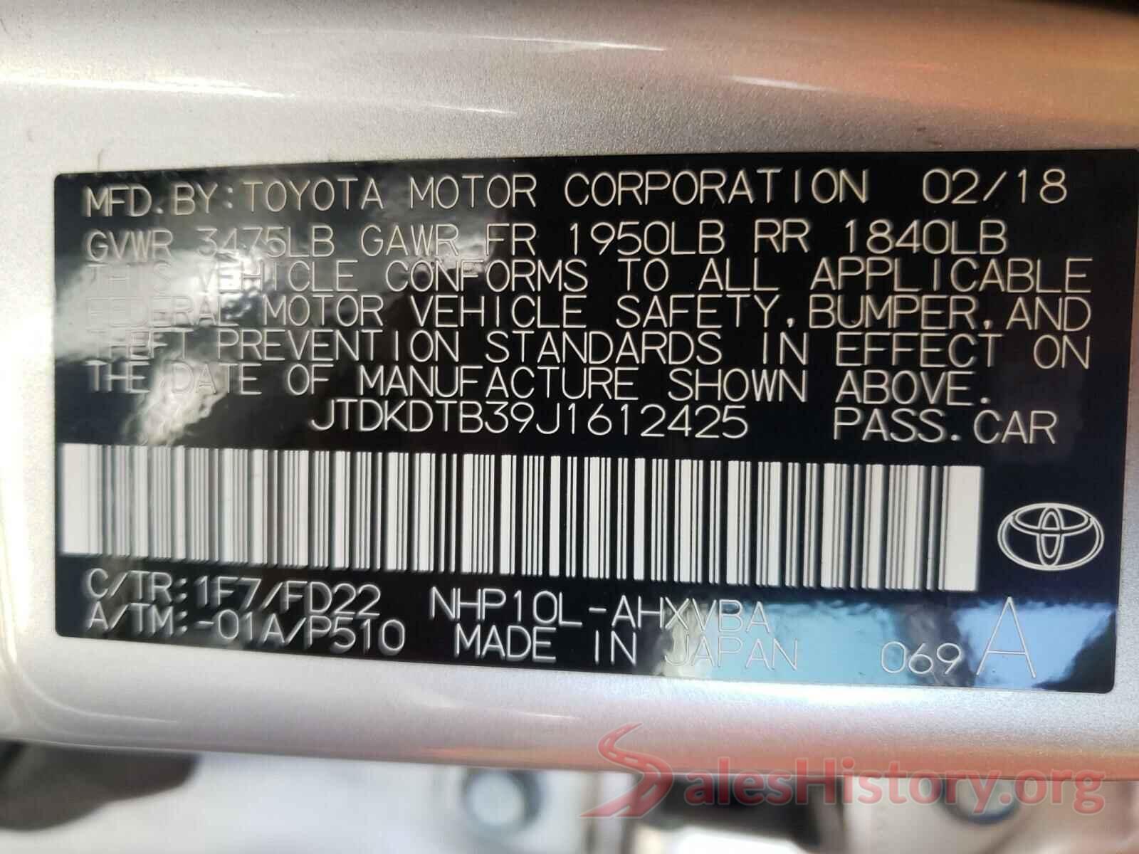 JTDKDTB39J1612425 2018 TOYOTA PRIUS