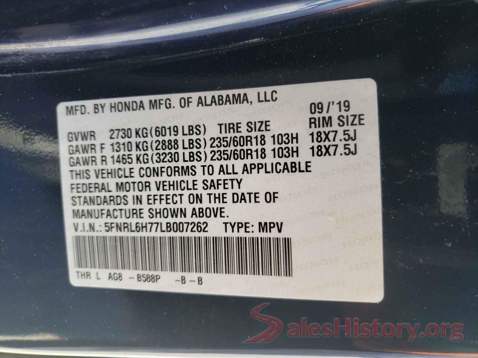 5FNRL6H77LB007262 2020 HONDA ODYSSEY