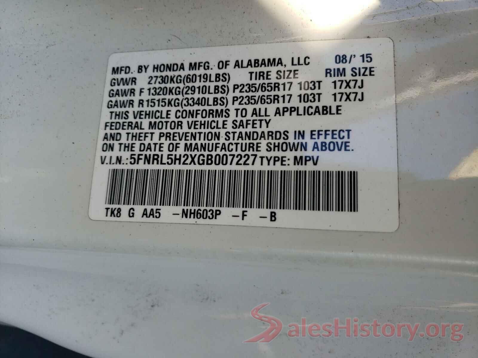 5FNRL5H2XGB007227 2016 HONDA ODYSSEY