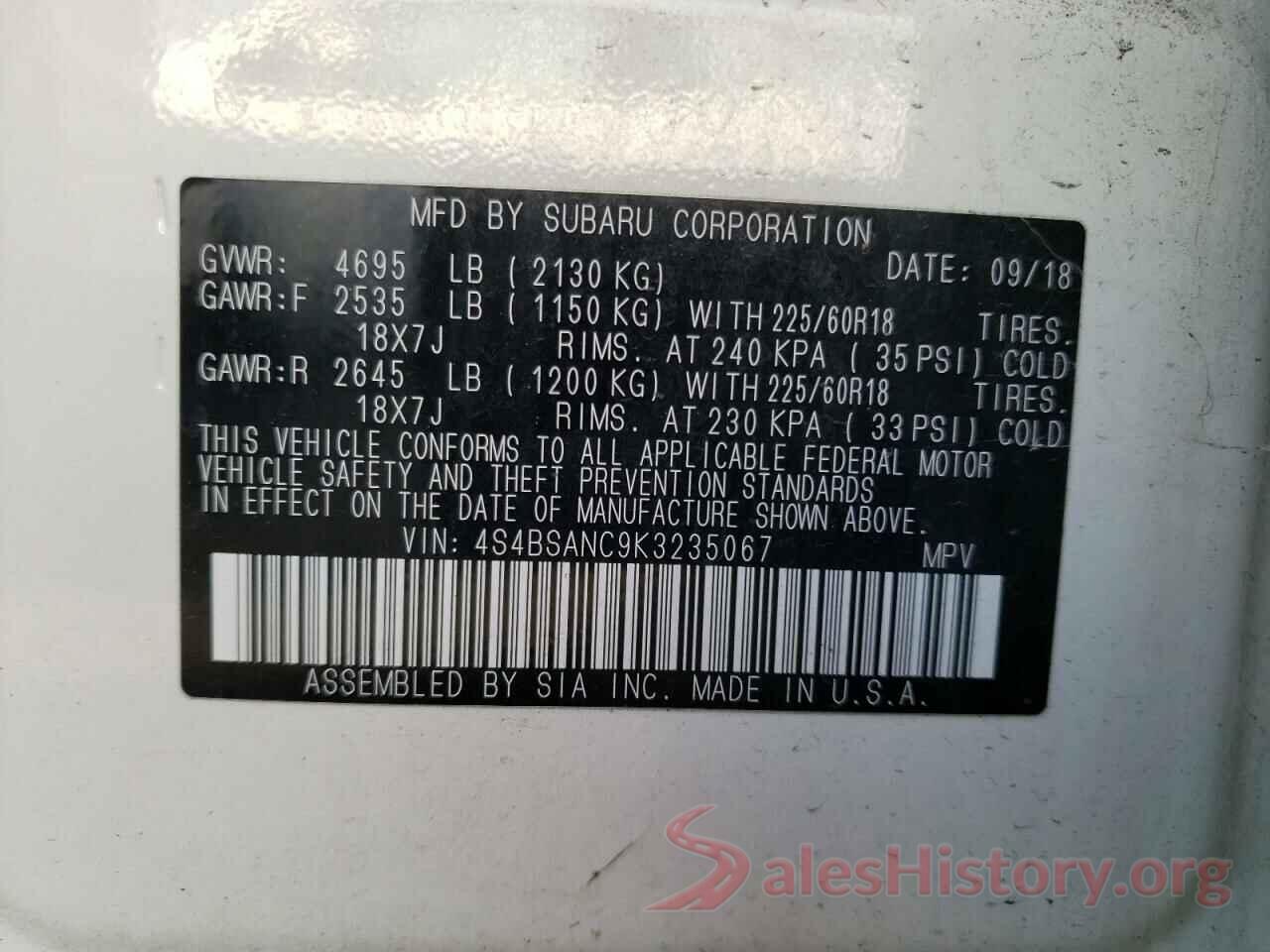 4S4BSANC9K3235067 2019 SUBARU OUTBACK