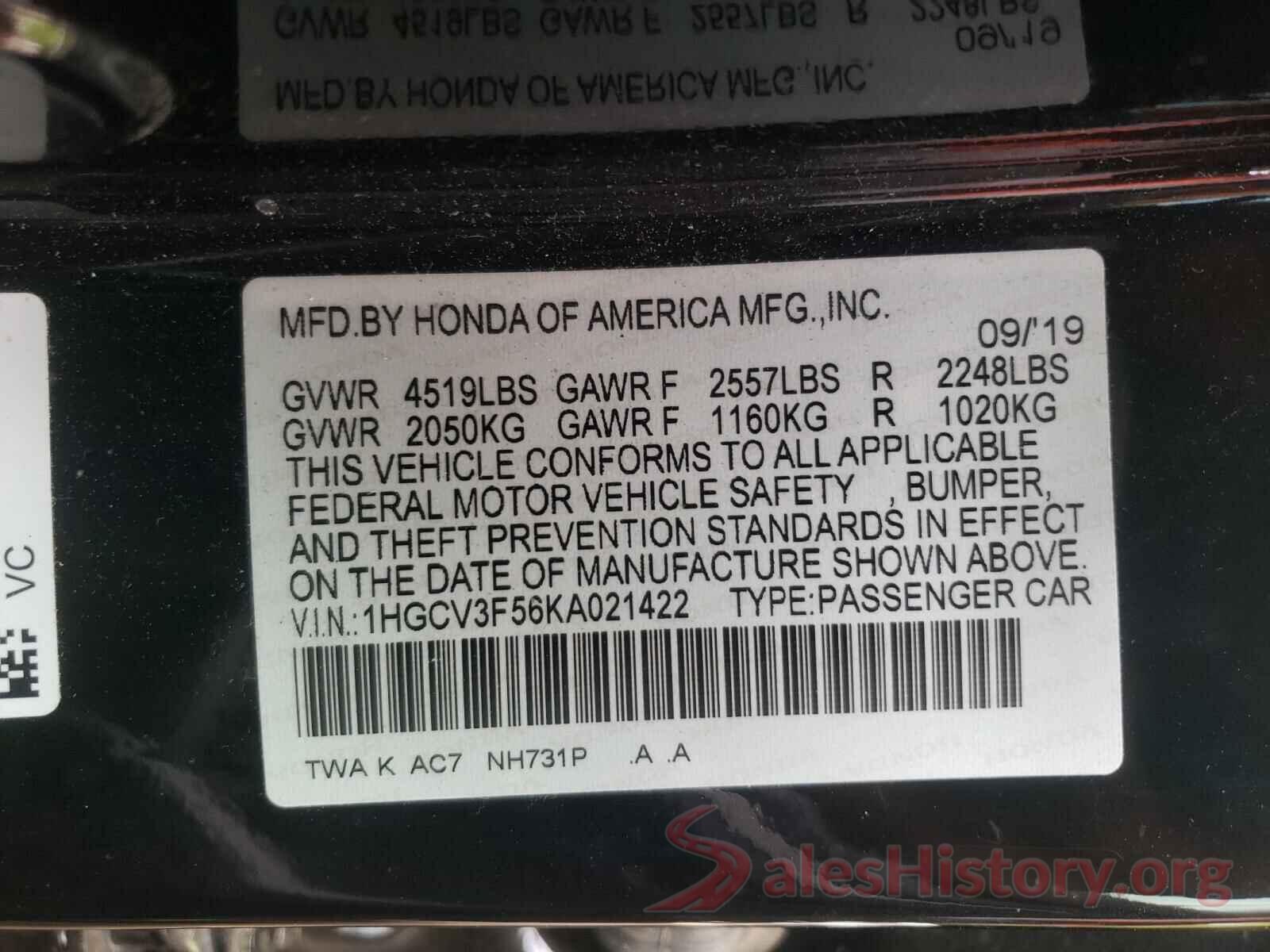 1HGCV3F56KA021422 2019 HONDA ACCORD