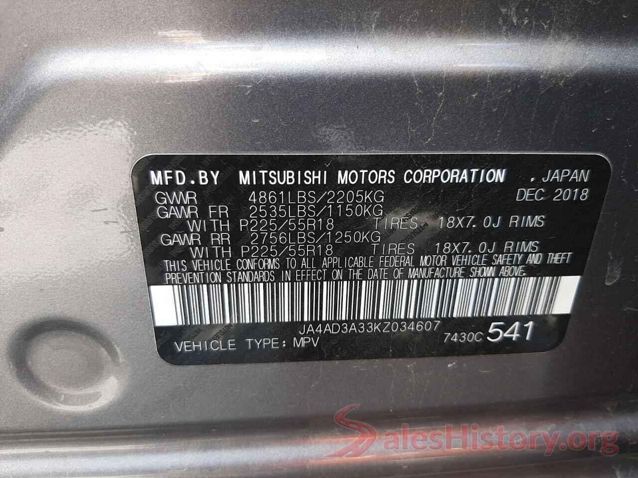 JA4AD3A33KZ034607 2019 MITSUBISHI OUTLANDER