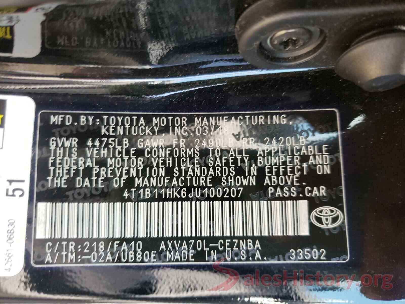 4T1B11HK6JU100207 2018 TOYOTA CAMRY