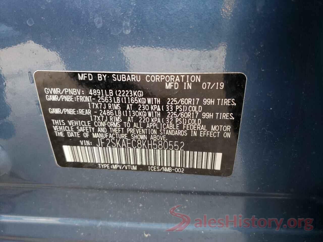 JF2SKAEC8KH580552 2019 SUBARU FORESTER