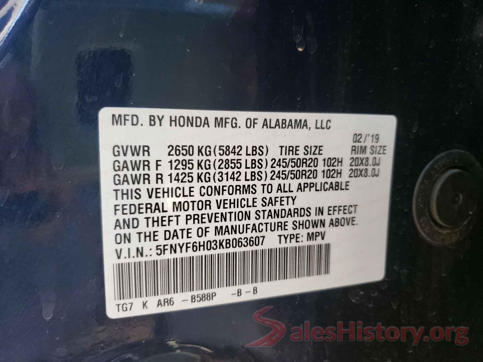 5FNYF6H03KB063607 2019 HONDA PILOT