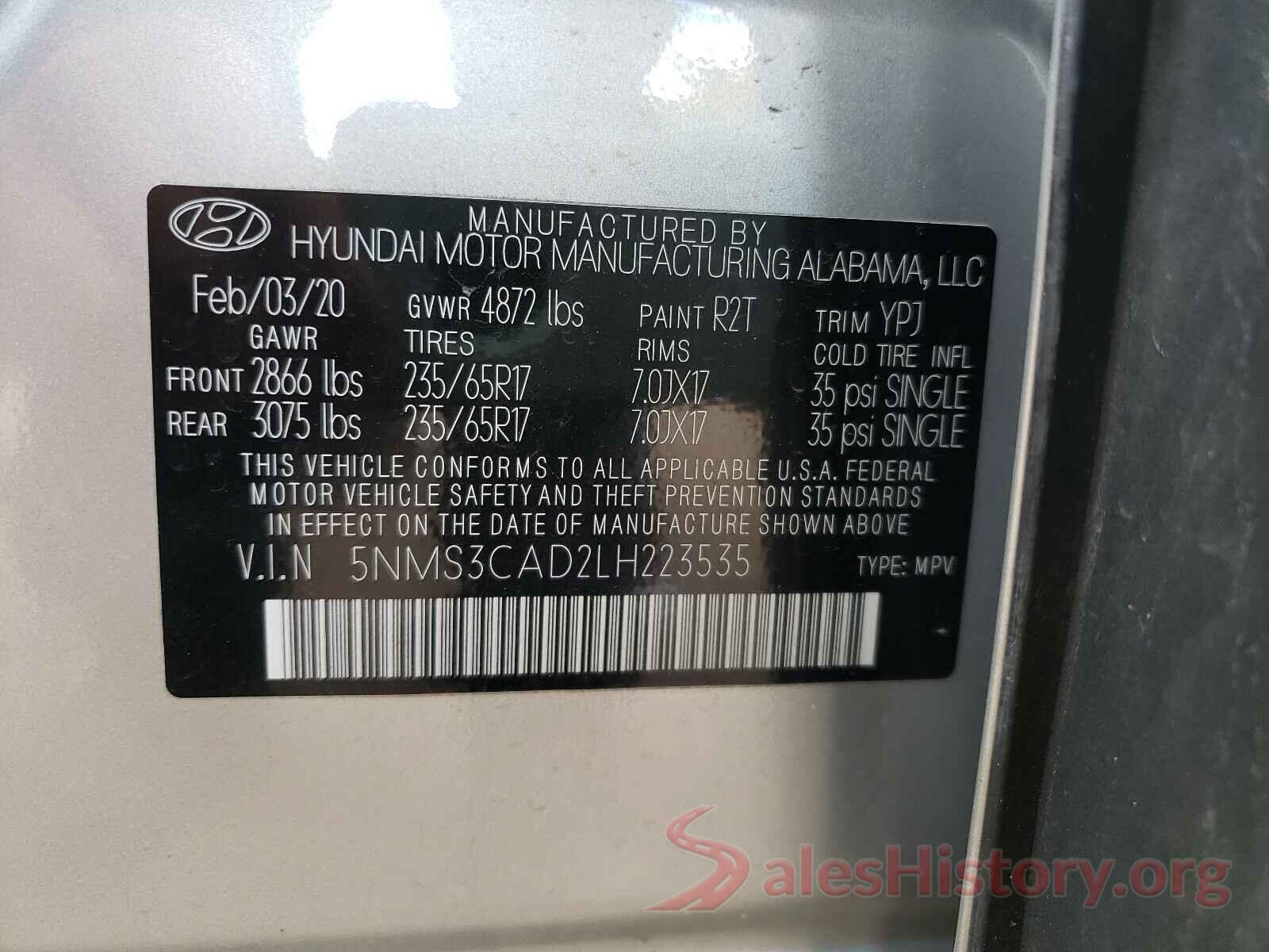 5NMS3CAD2LH223535 2020 HYUNDAI SANTA FE