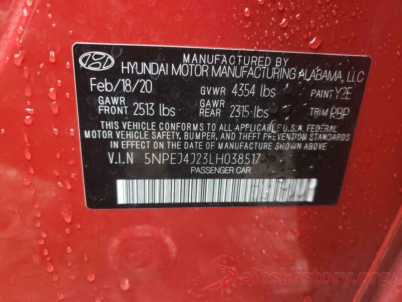 5NPEJ4J23LH038517 2020 HYUNDAI SONATA