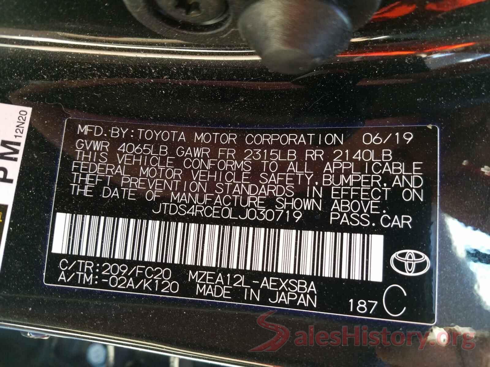 JTDS4RCE0LJ030719 2020 TOYOTA COROLLA