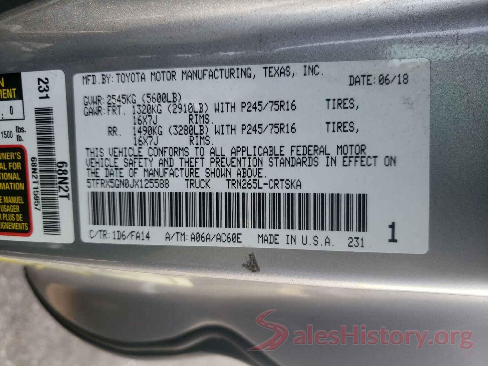 5TFRX5GN0JX125588 2018 TOYOTA TACOMA