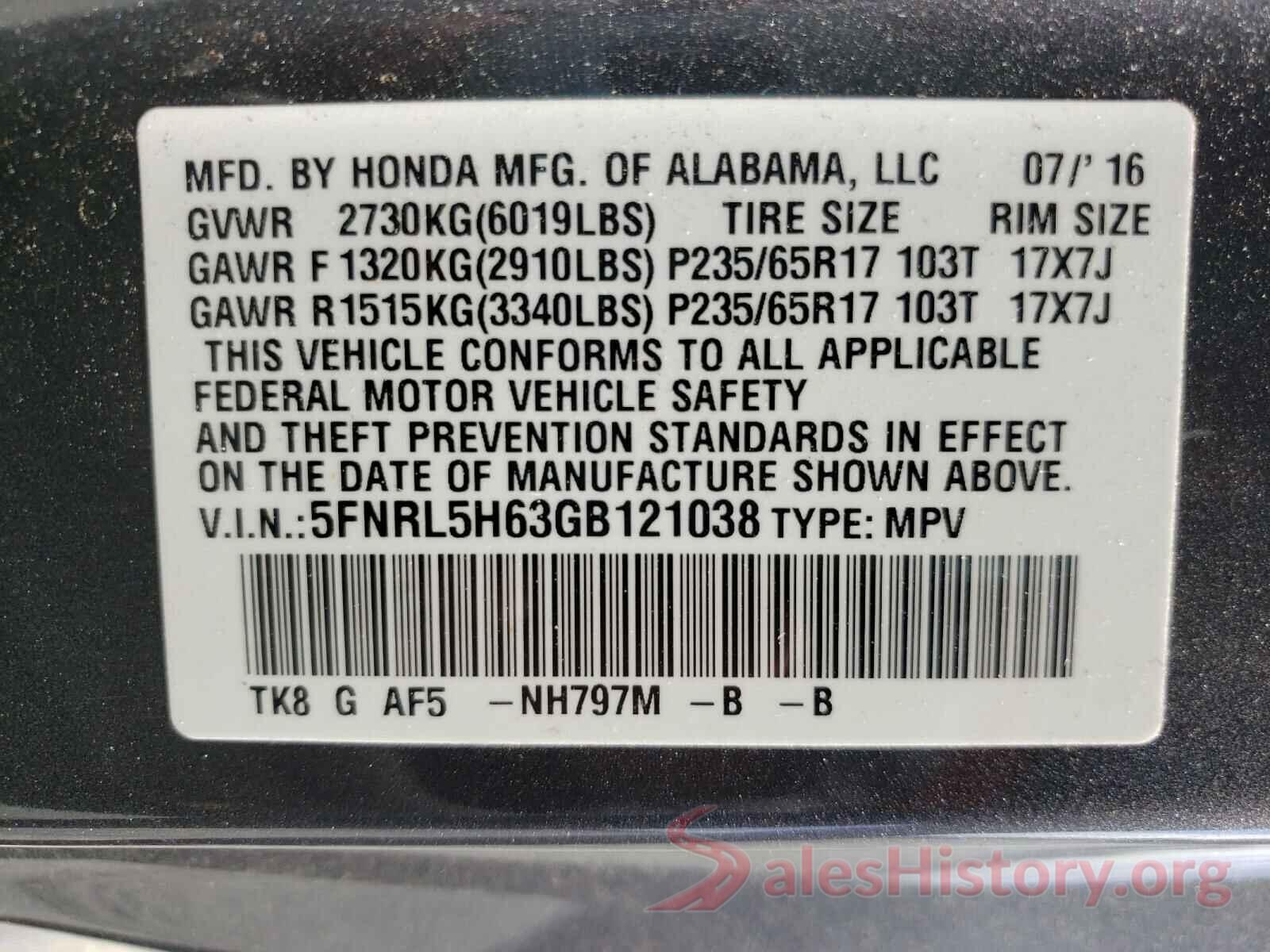 5FNRL5H63GB121038 2016 HONDA ODYSSEY