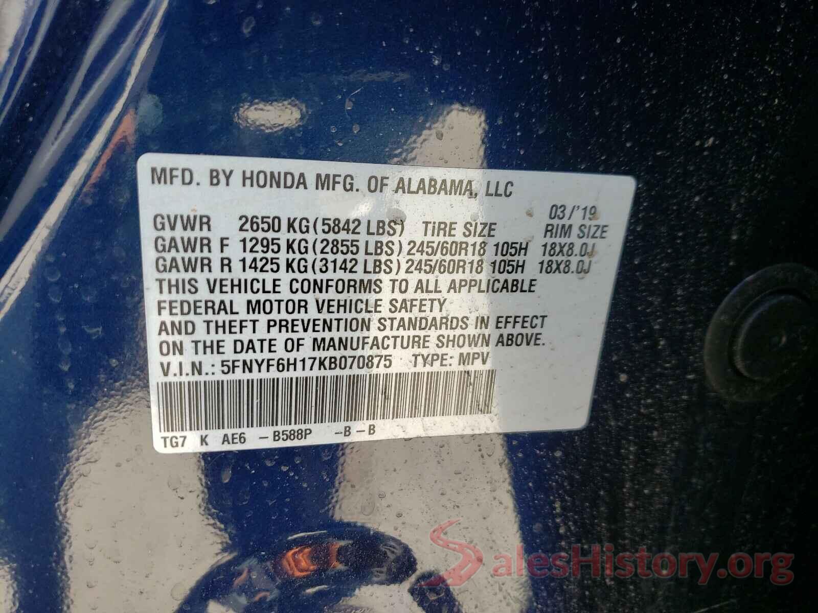 5FNYF6H17KB070875 2019 HONDA PILOT