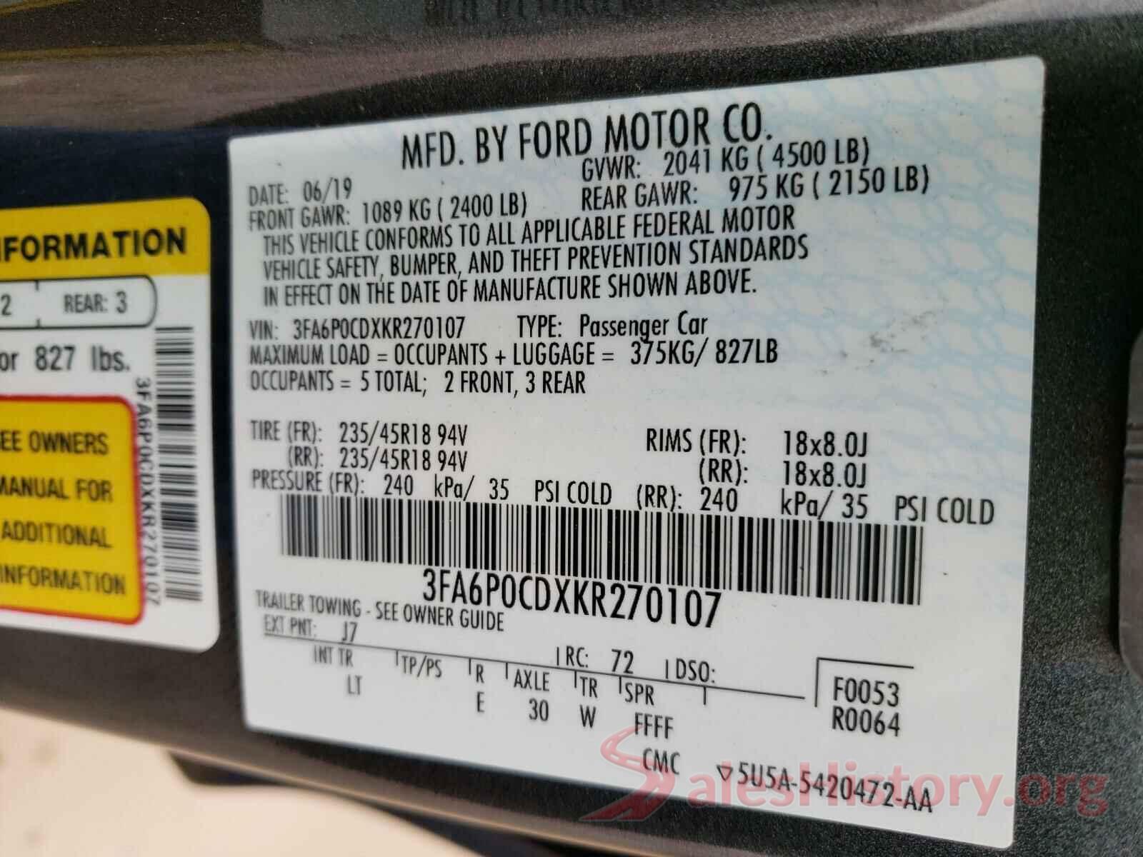 3FA6P0CDXKR270107 2019 FORD FUSION