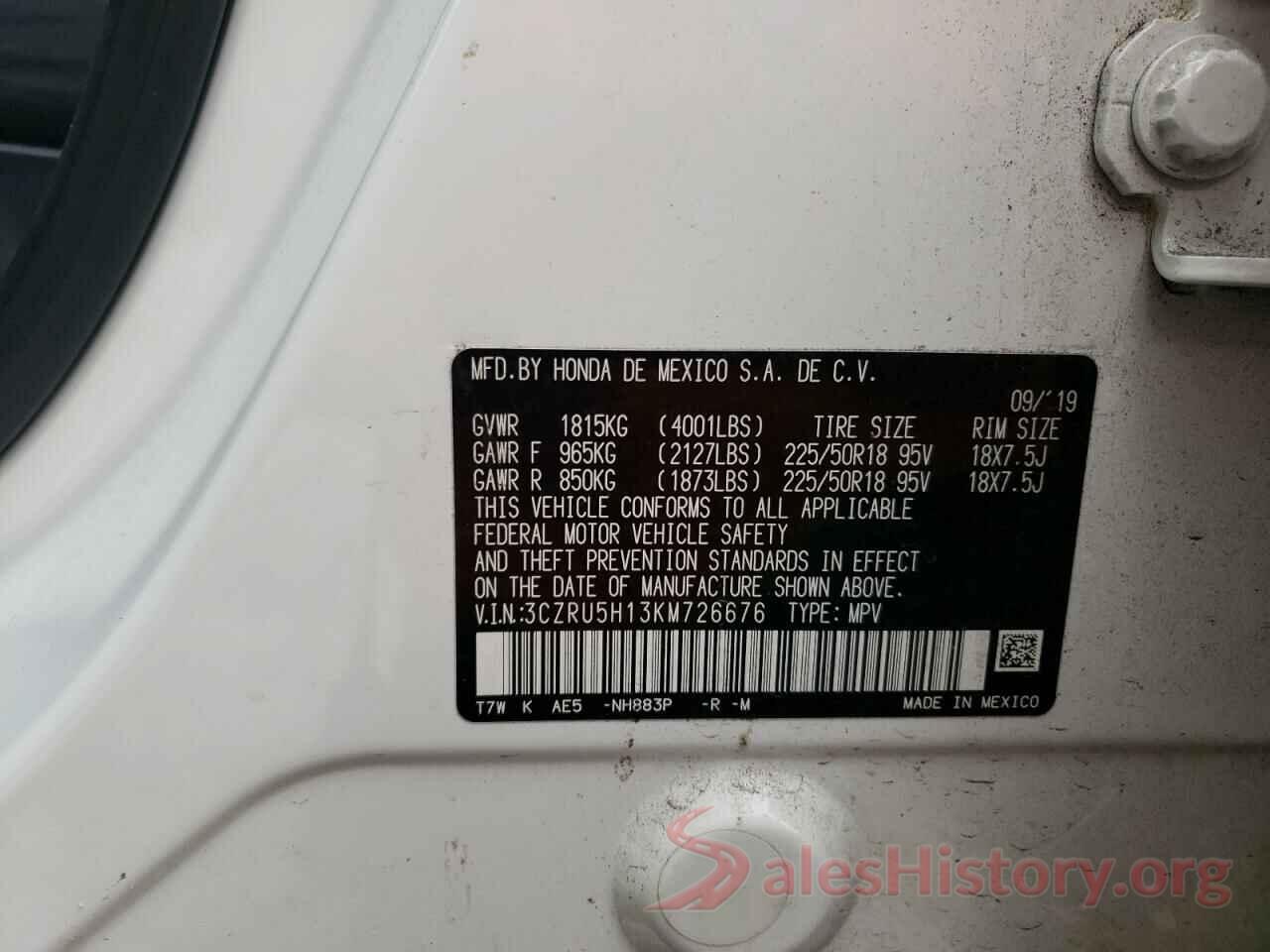 3CZRU5H13KM726676 2019 HONDA HR-V