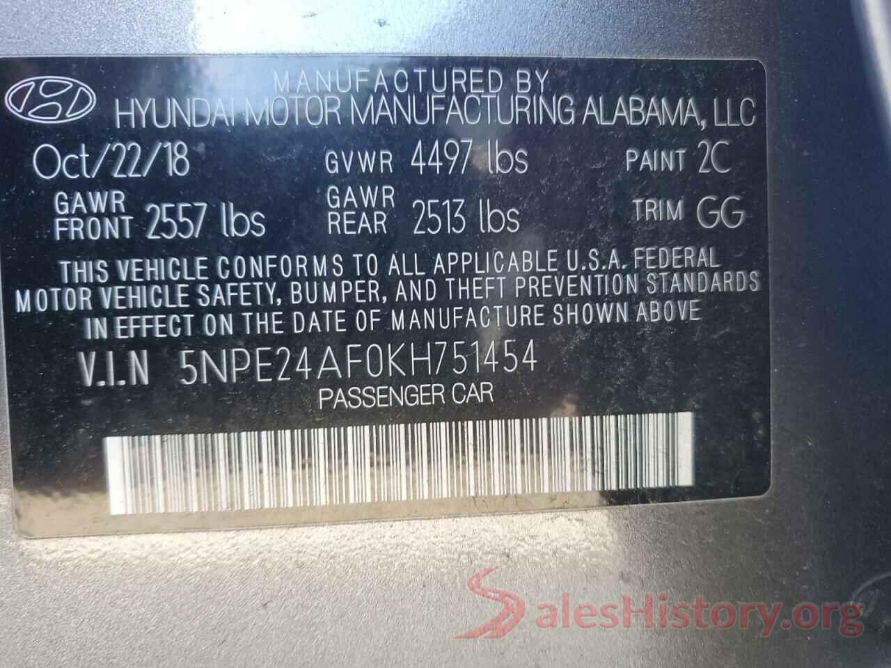 5NPE24AF0KH751454 2019 HYUNDAI SONATA