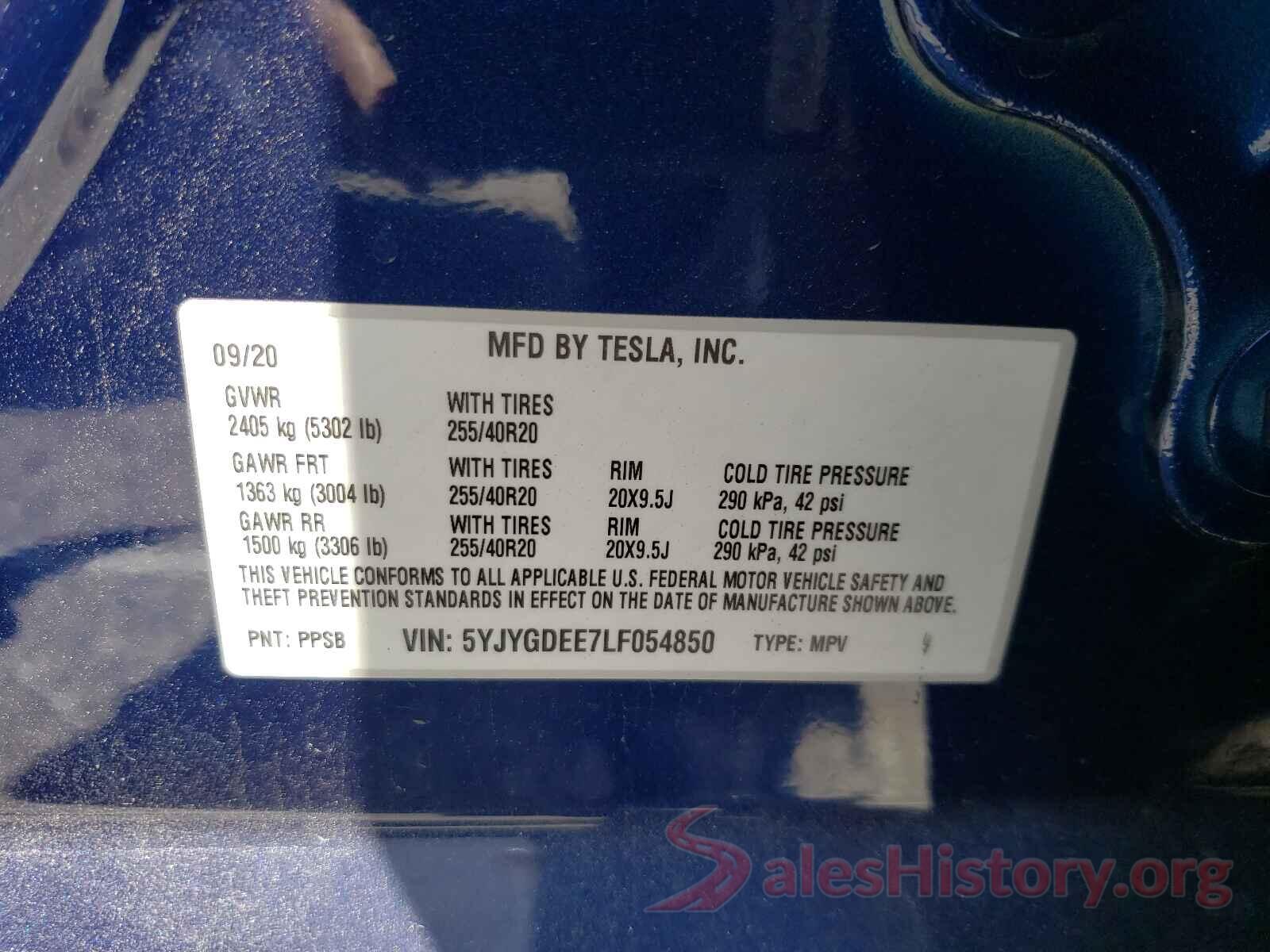 5YJYGDEE7LF054850 2020 TESLA MODEL Y