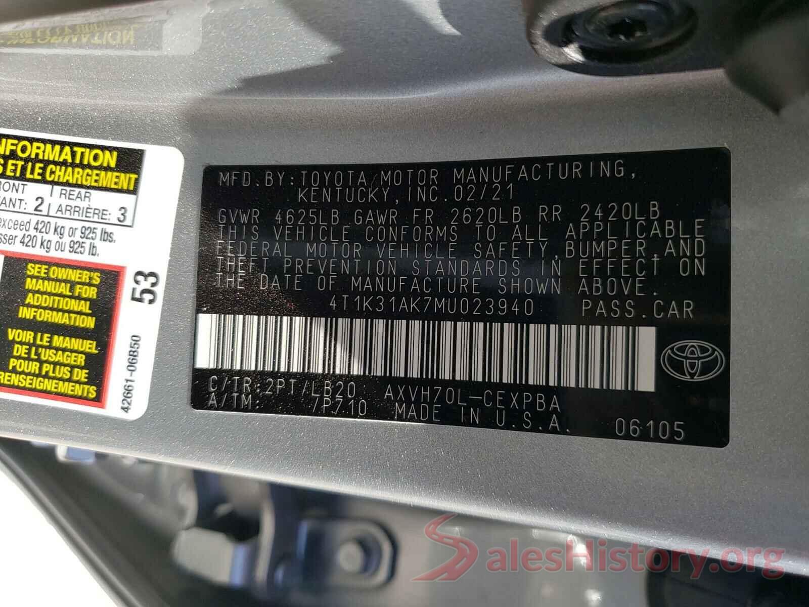 4T1K31AK7MU023940 2021 TOYOTA CAMRY