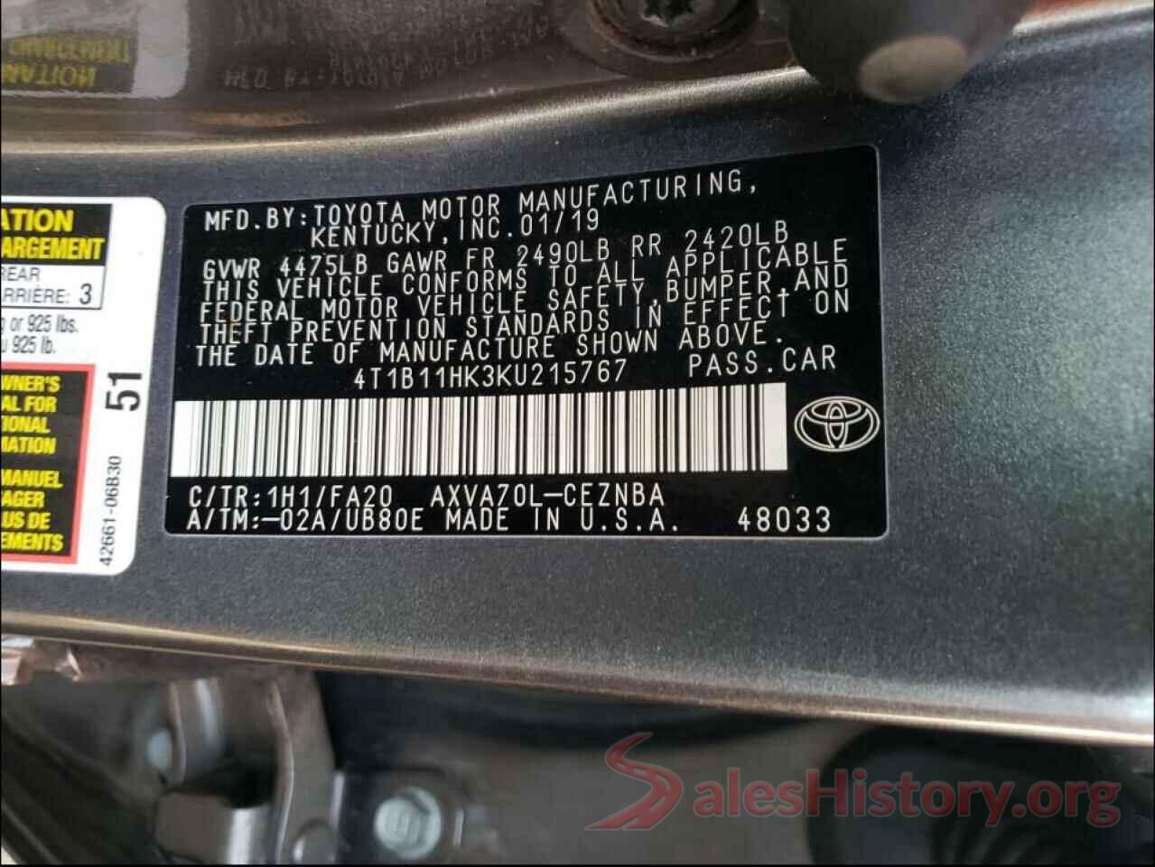 4T1B11HK3KU215767 2019 TOYOTA CAMRY