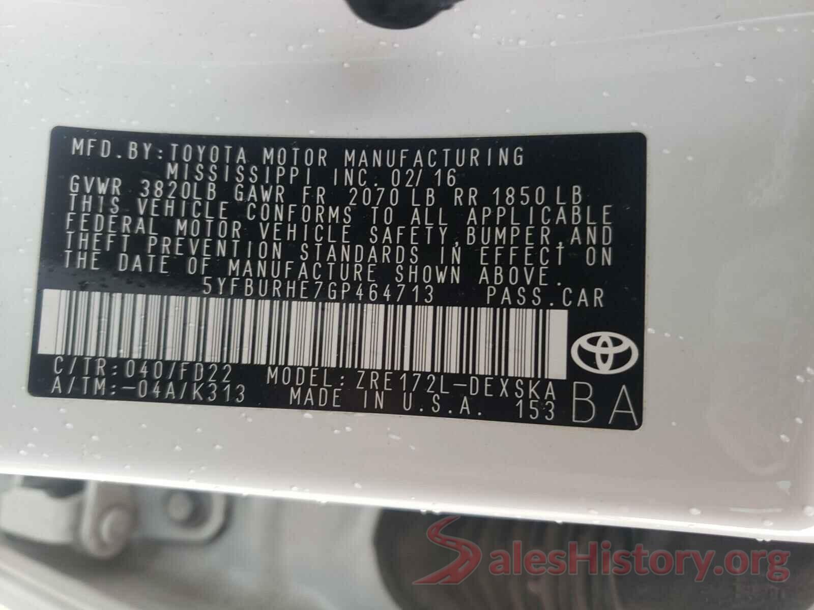 5YFBURHE7GP464713 2016 TOYOTA COROLLA