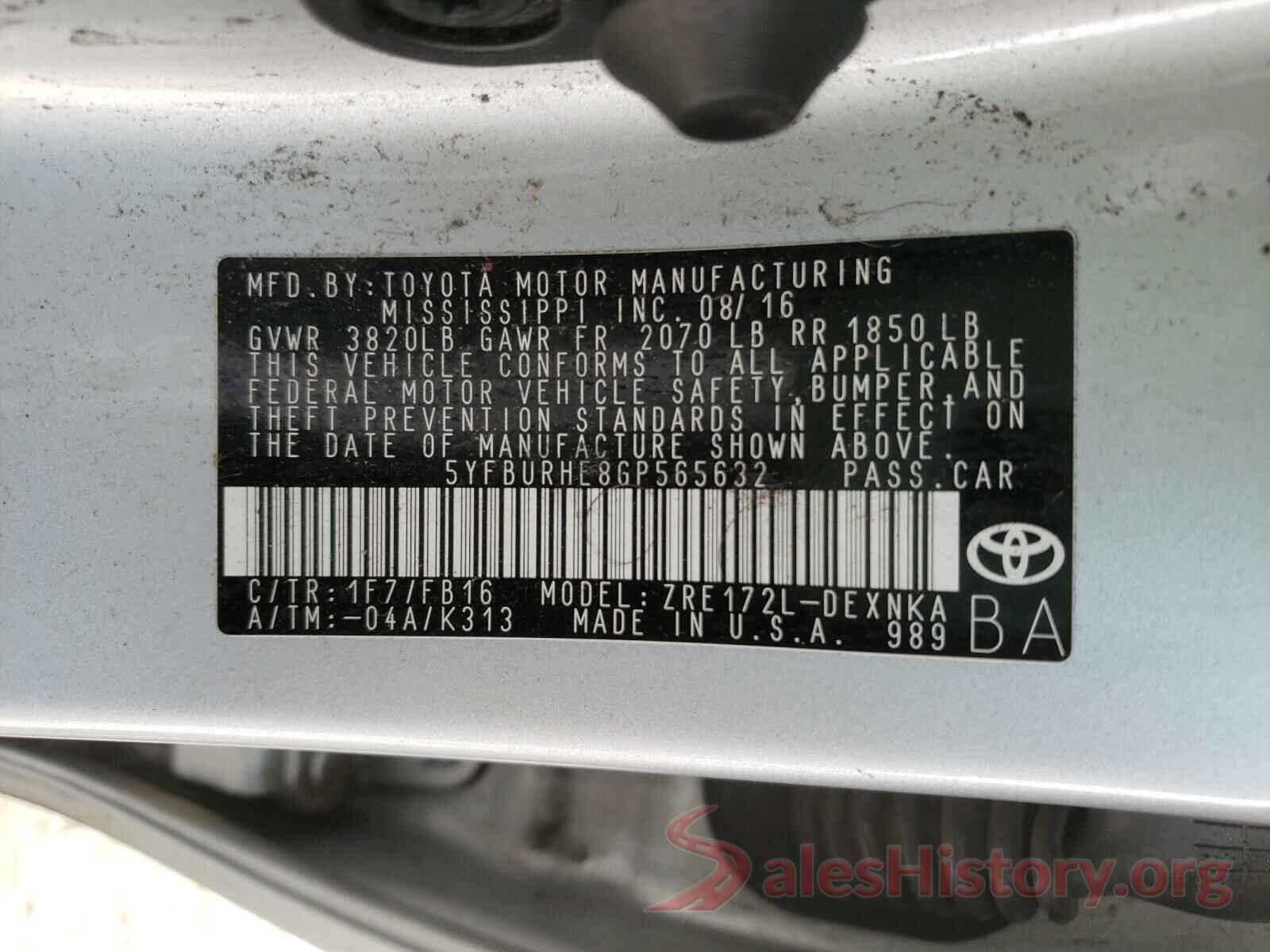 5YFBURHE8GP565632 2016 TOYOTA COROLLA