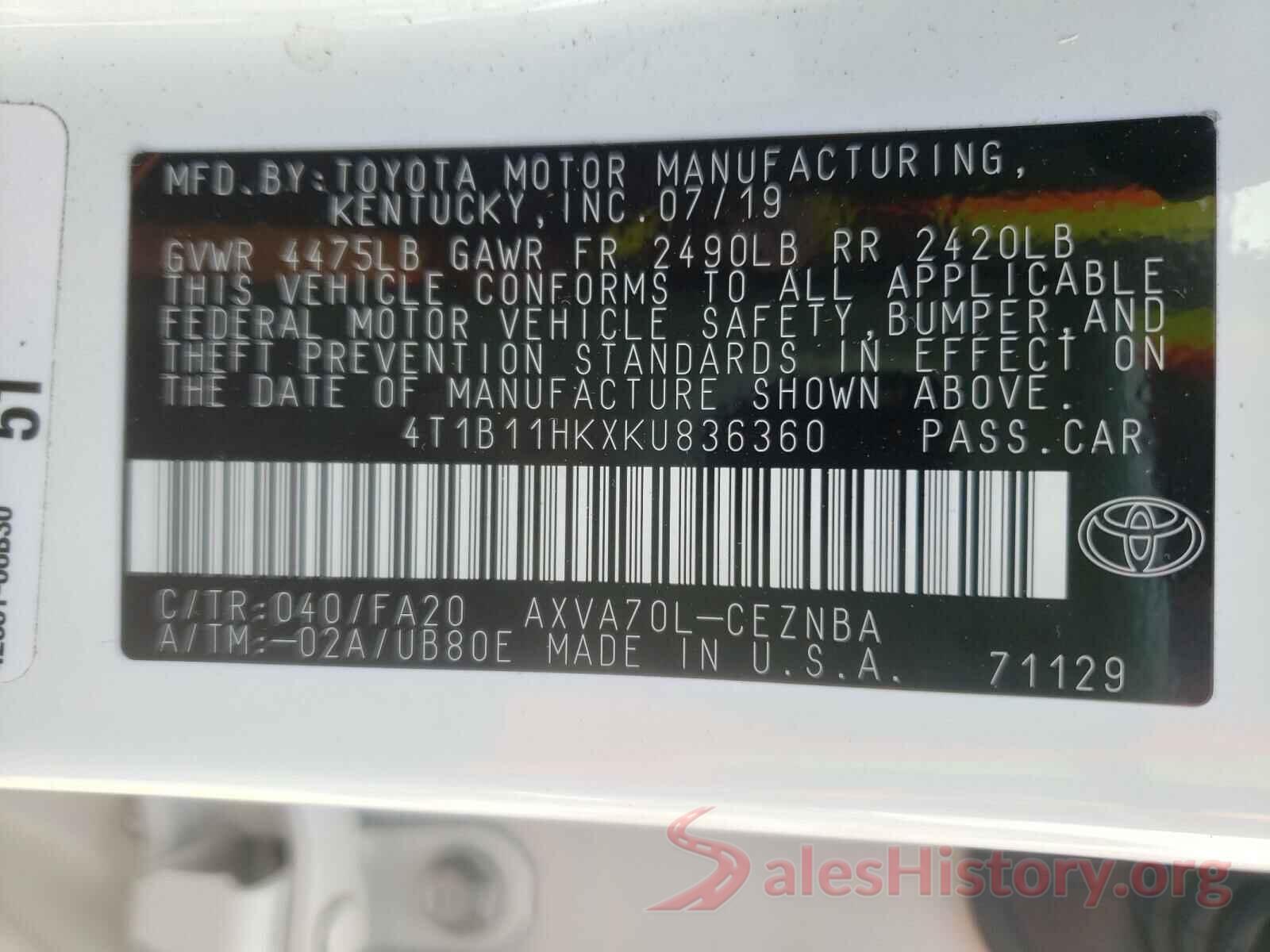 4T1B11HKXKU836360 2019 TOYOTA CAMRY