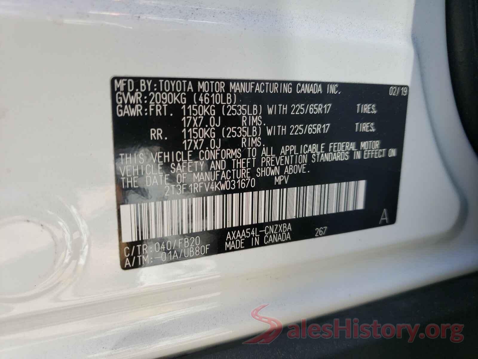 2T3F1RFV4KW031670 2019 TOYOTA RAV4