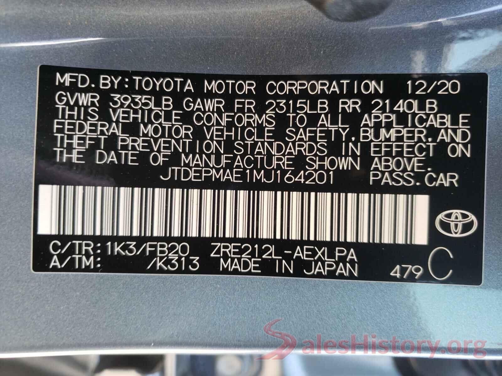 JTDEPMAE1MJ164201 2021 TOYOTA COROLLA