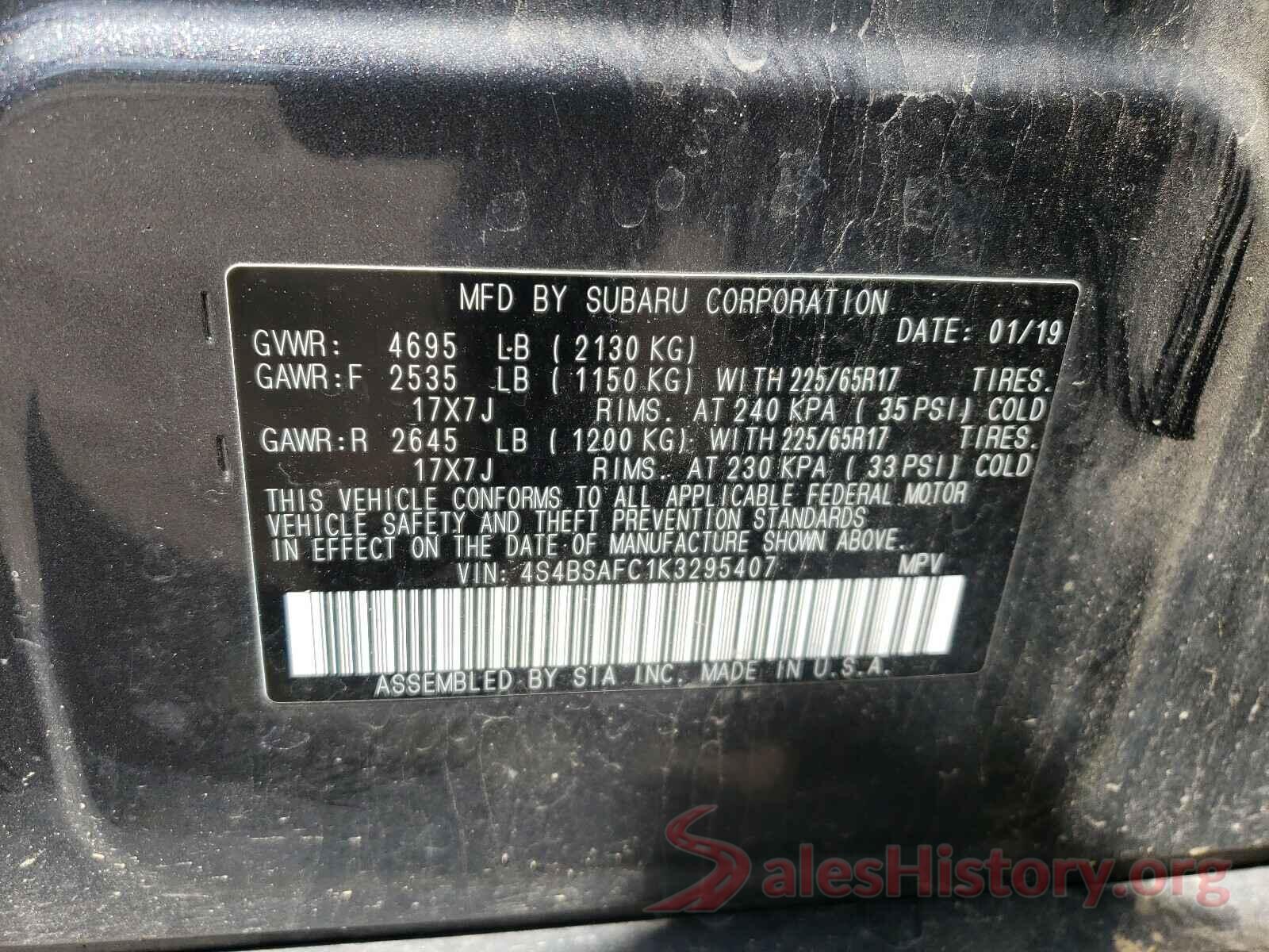 4S4BSAFC1K3295407 2019 SUBARU OUTBACK