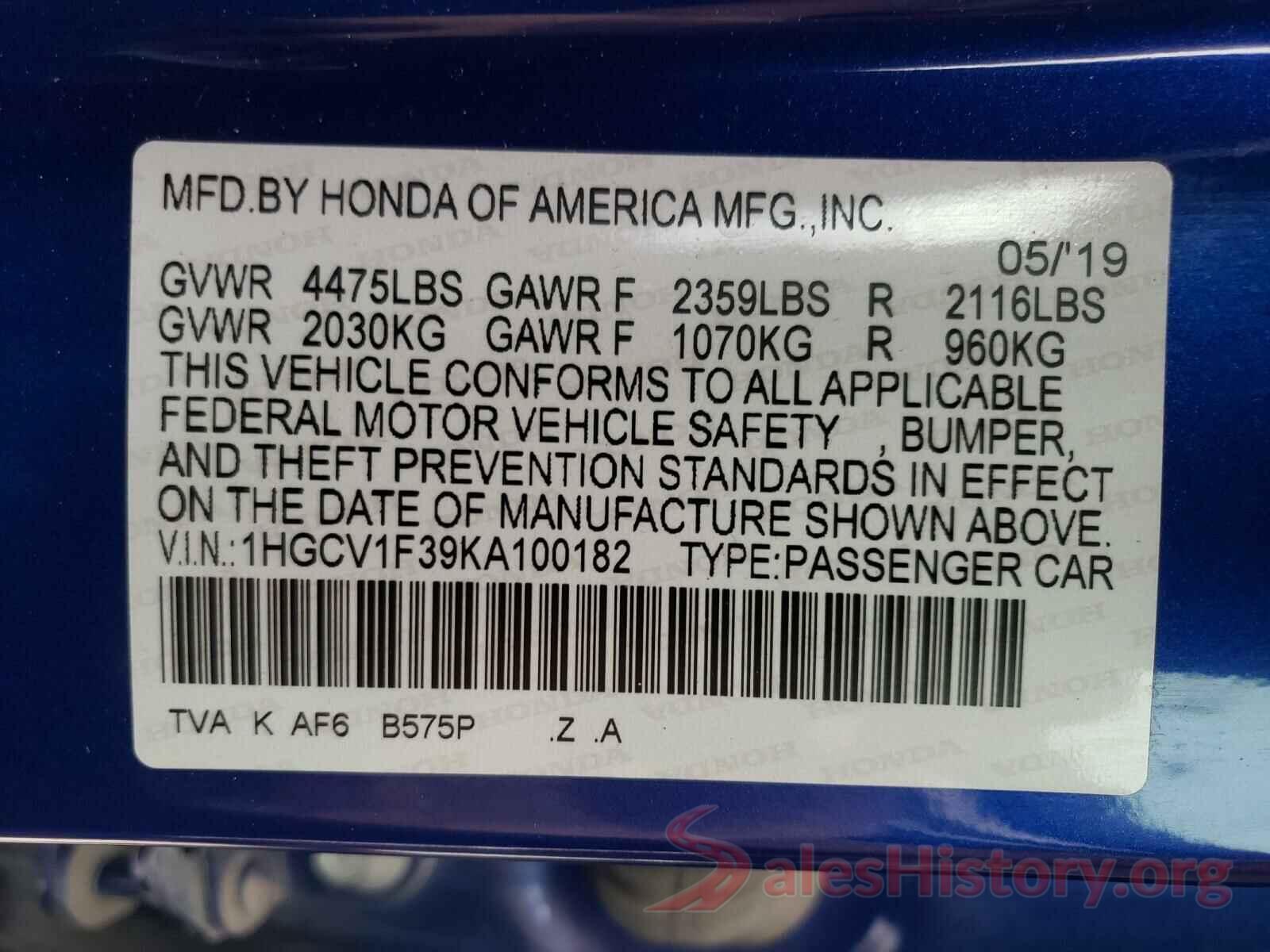 1HGCV1F39KA100182 2019 HONDA ACCORD