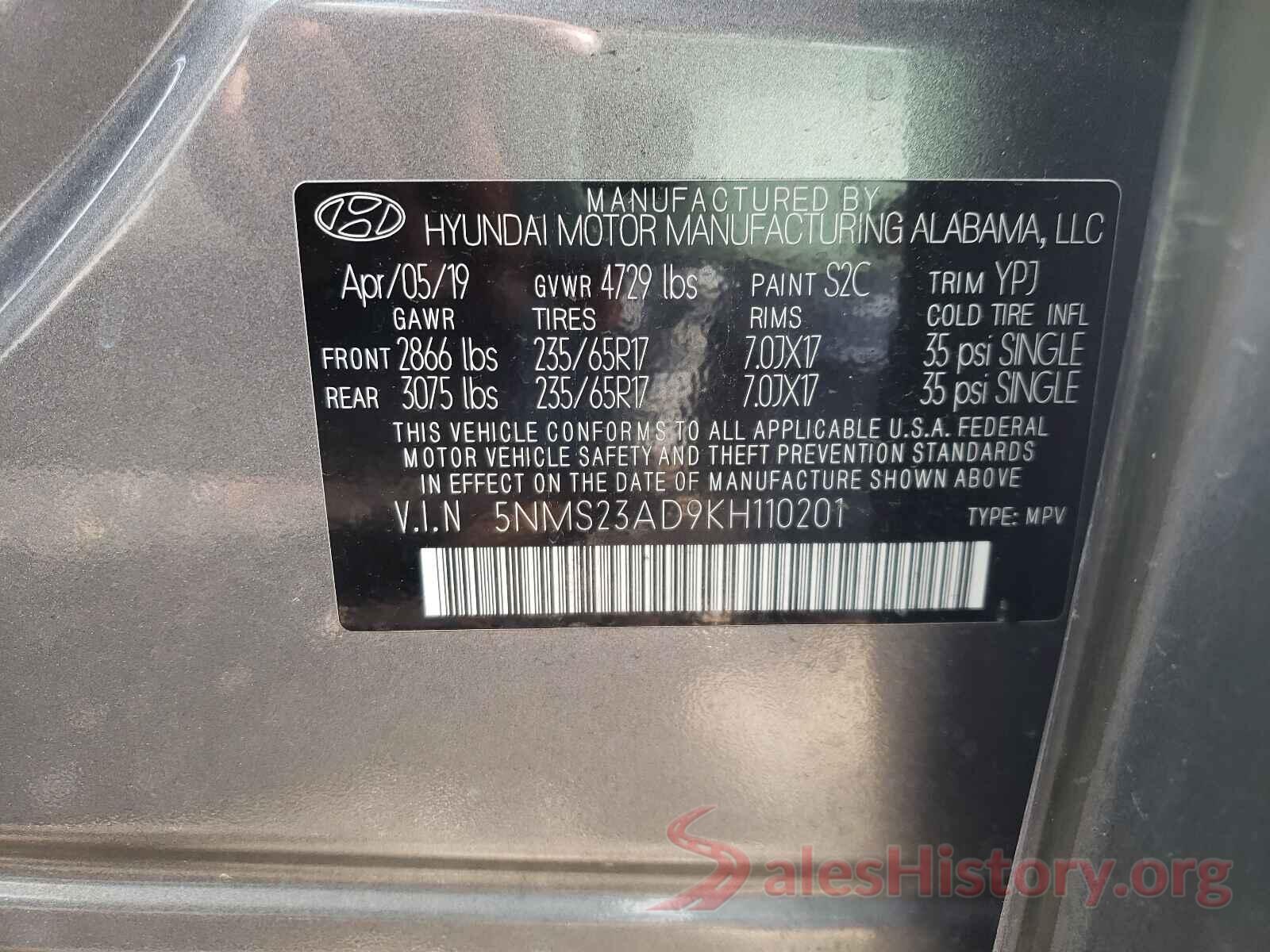 5NMS23AD9KH110201 2019 HYUNDAI SANTA FE