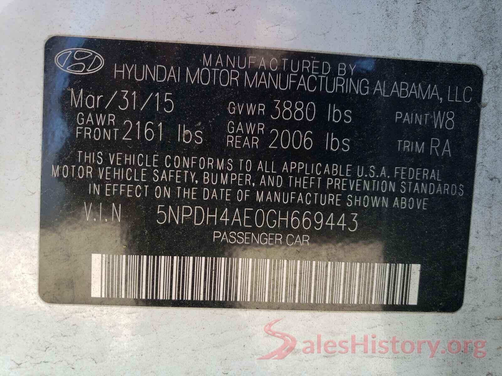 5NPDH4AE0GH669443 2016 HYUNDAI ELANTRA