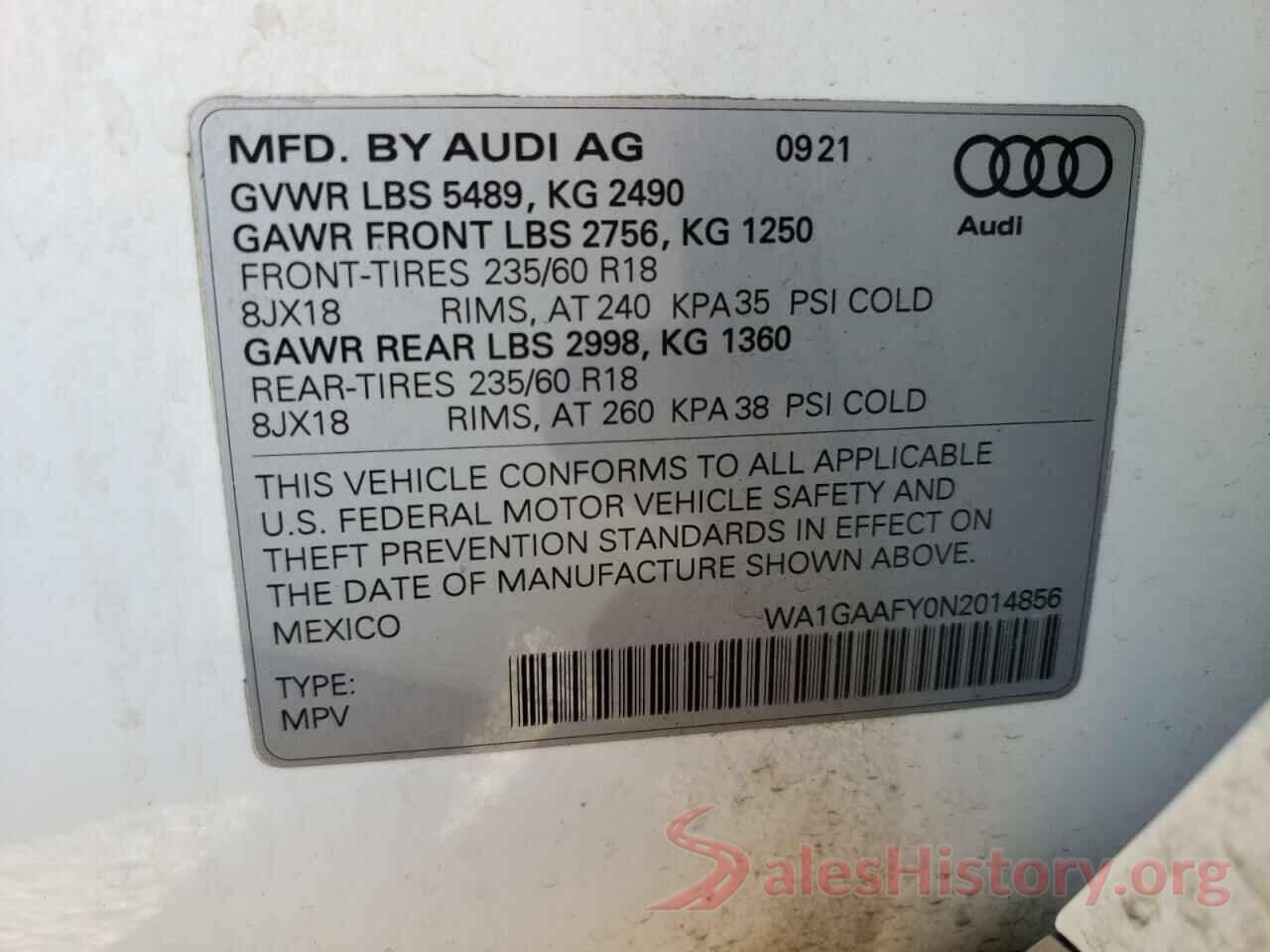 WA1GAAFY0N2014856 2022 AUDI Q5