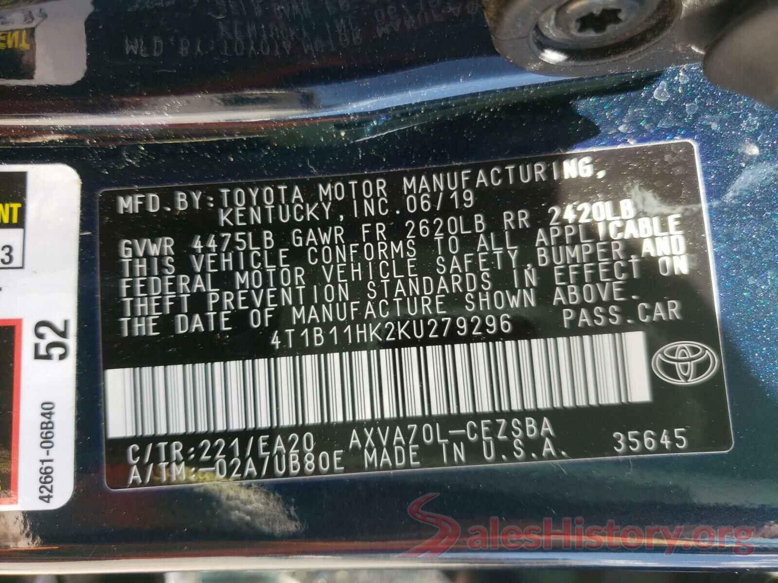 4T1B11HK2KU279296 2019 TOYOTA CAMRY